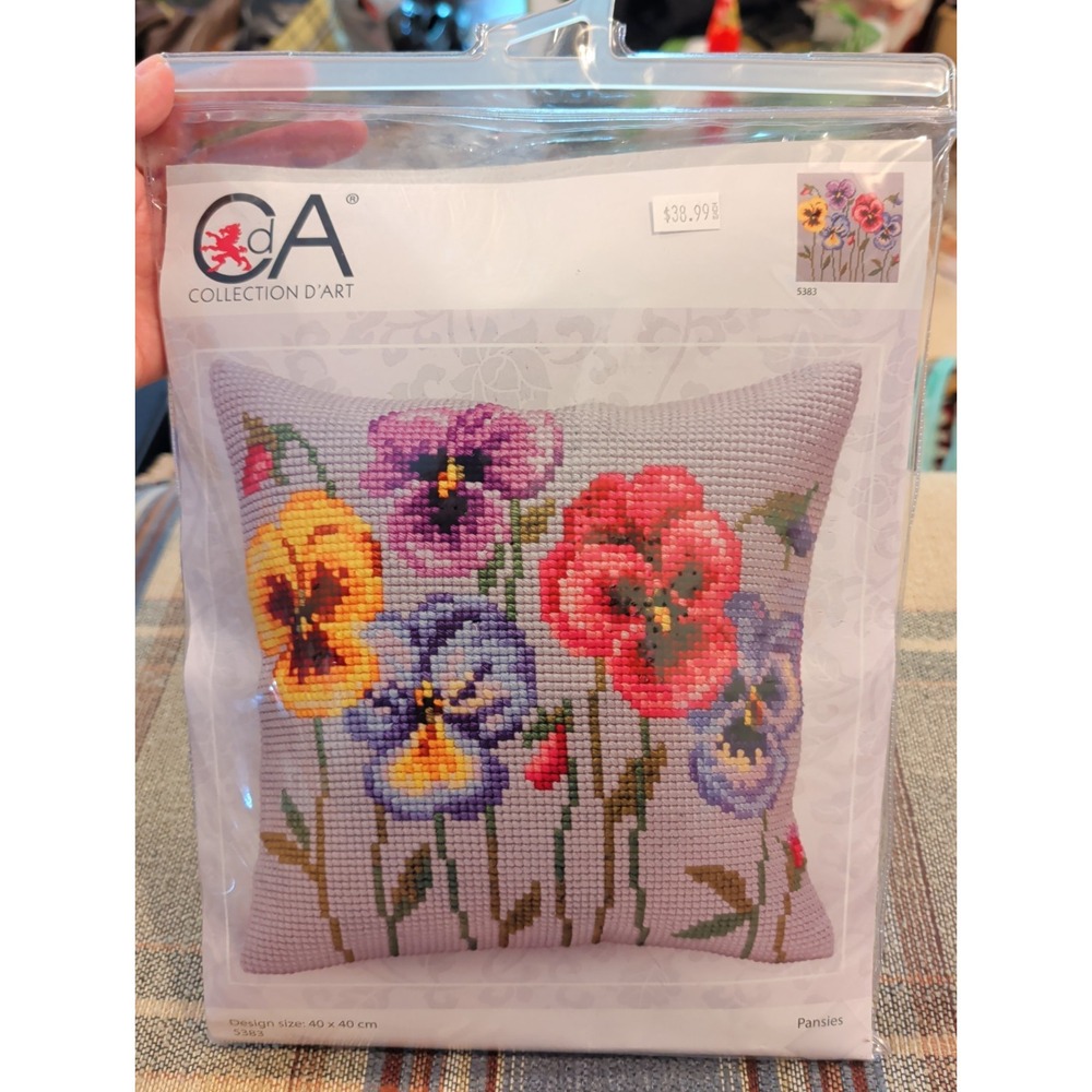 New NOS COLLECTION D'ART Needlepoint Pillow Kit 16"X16" Pansies (Floral) 5383